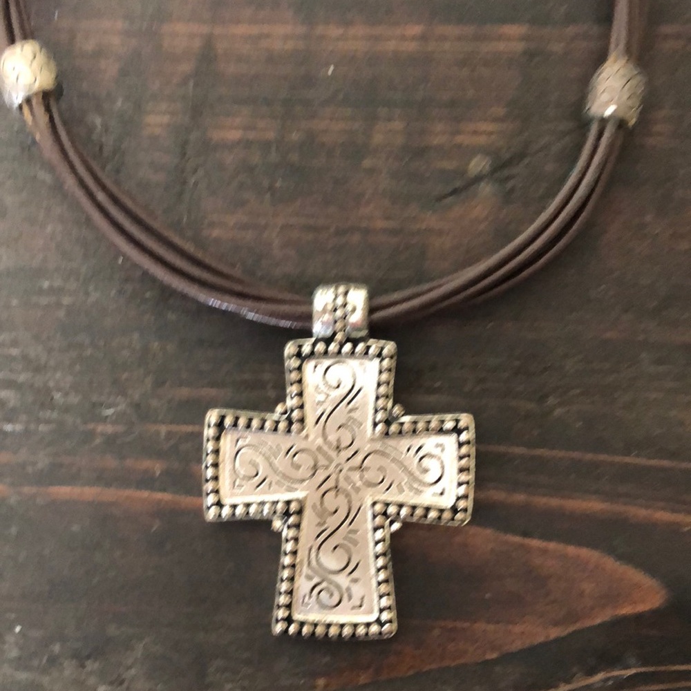 Premier Jewelry. Leather cross choker. Fishhook closure.  Silver hardware
